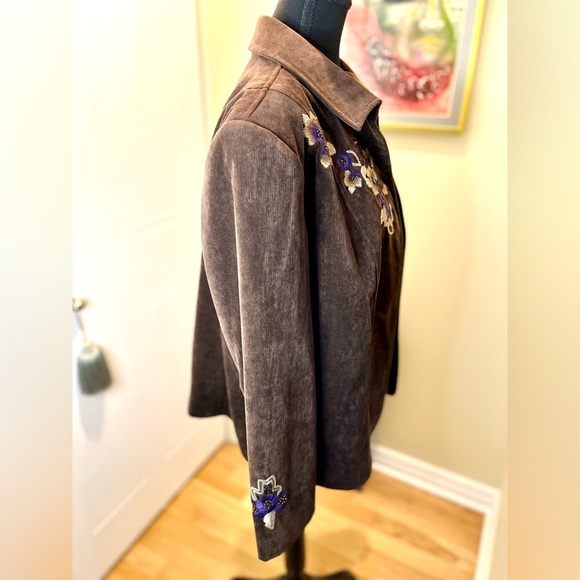 Vintage TanJay Brown embroidered beaded floral corduroy lined open front jacket - Picture 5 of 9